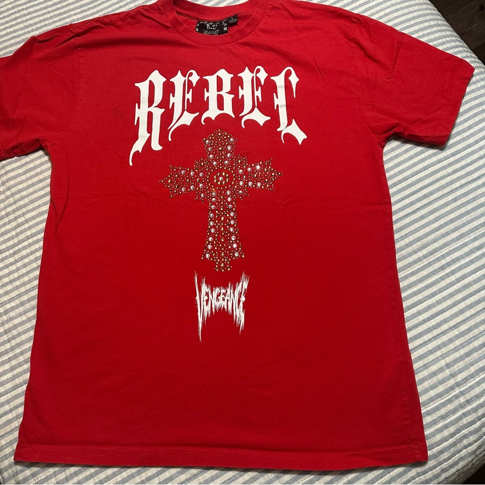 Rebel Vengence Shirt Red Men’s Cross Rhinestone Large